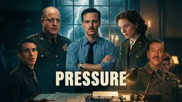 A promotional landscape image for the WWII movie Pressure. Five individuals stand in a dark, atmospheric room lit by candles and desk lamps. In the center stands Andrew Scott in a blue button-down shirt and tie with his arms crossed. To his left is Brendan Fraser in a decorated military uniform. Behind them, a large window reveals a dark night sky illuminated by brilliant, sharp streaks of lightning. In the foreground, a vintage typewriter and maps rest on a desk. The bold, white capitalized word "PRESSURE" is superimposed across the center of the image.