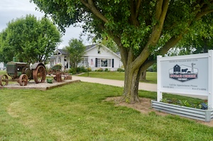 Landscape shot of a rural property featuring a white single-story farmhouse building in the background. On the manicured green lawn to the left, a vintage, weathered green tractor sits on display. A large, leafy deciduous tree stands prominently in the middle of the frame, casting a soft shadow. On the right, a large white wooden sign features a custom graphic logo of a black barn, a windmill, and a cow, set above a modern corrugated metal planter box at the base. A gravel driveway runs alongside the lawn leading toward the house.