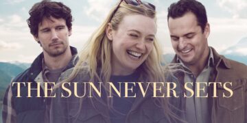A promotional still and title card for the film "The Sun Never Sets." Dakota Fanning stands in the center, smiling broadly and laughing, wearing a dark green canvas jacket with sunglasses on her head. To her left, Cory Michael Smith looks toward her with a thoughtful expression. To her right, Jake Johnson looks down with a warm smile. They are dressed in casual layers against an outdoor backdrop of pale blue skies and distant mountains. Large, elegant gold text across the center reads "THE SUN NEVER SETS."