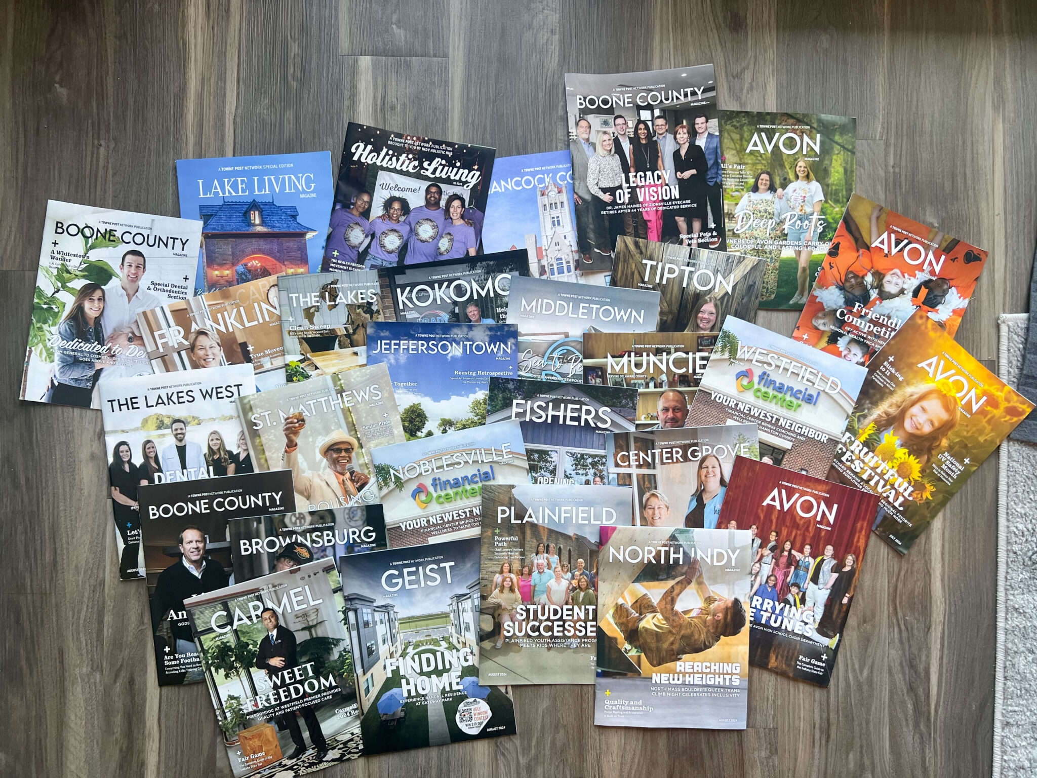 A collage of vibrant Towne Post Network magazine covers from various local communities.
