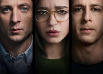 A movie-style poster titled "THE SOCIAL RECKONING" in a modern blue-accented font at the bottom. The background is completely black, and the image features a dramatic close-up split-screen of three intense faces looking directly forward. On the left is Jeremy Allen White with striking blue eyes, in the center is a woman wearing glasses with clear/amber frames and a green sweater, and on the right is Jeremy Strong with a serious expression.