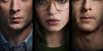 A movie-style poster titled "THE SOCIAL RECKONING" in a modern blue-accented font at the bottom. The background is completely black, and the image features a dramatic close-up split-screen of three intense faces looking directly forward. On the left is Jeremy Allen White with striking blue eyes, in the center is a woman wearing glasses with clear/amber frames and a green sweater, and on the right is Jeremy Strong with a serious expression.