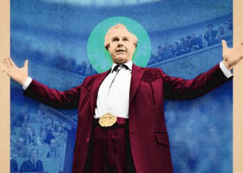 An official alternative illustrated poster for the movie "Digger", featuring an artistic, collage-style depiction of Tom Cruise as the billionaire oil tycoon Digger Rockwell. Dressed in a western-style dark red blazer, white collared shirt, bolo tie, and a large gold belt buckle, he stands with his arms spread wide in a theatrical gesture. His head is framed by a glowing turquoise circle reminiscent of a halo. The background is a textured, deep blue overlaid with faded images of a massive audience seated in a grand auditorium or government assembly.