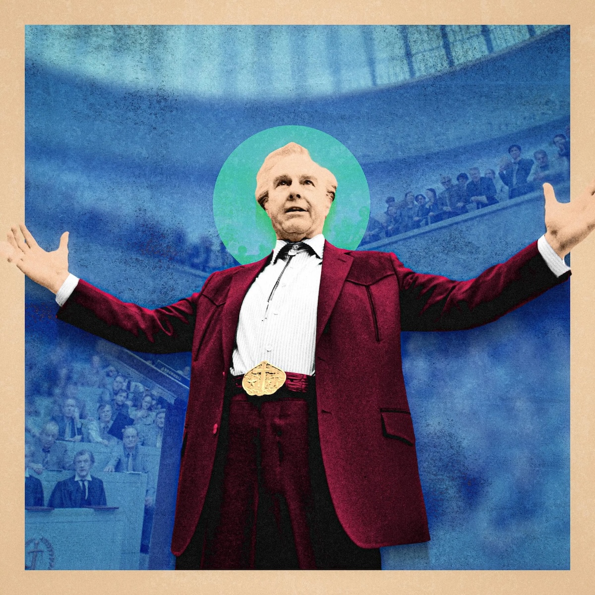 An official alternative illustrated poster for the movie "Digger", featuring an artistic, collage-style depiction of Tom Cruise as the billionaire oil tycoon Digger Rockwell. Dressed in a western-style dark red blazer, white collared shirt, bolo tie, and a large gold belt buckle, he stands with his arms spread wide in a theatrical gesture. His head is framed by a glowing turquoise circle reminiscent of a halo. The background is a textured, deep blue overlaid with faded images of a massive audience seated in a grand auditorium or government assembly.